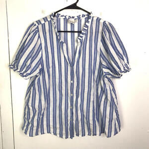Ichi Top Womens 40 Size M Ihezomo Blue Stripe Ruffle Puff Sleeve Button Front